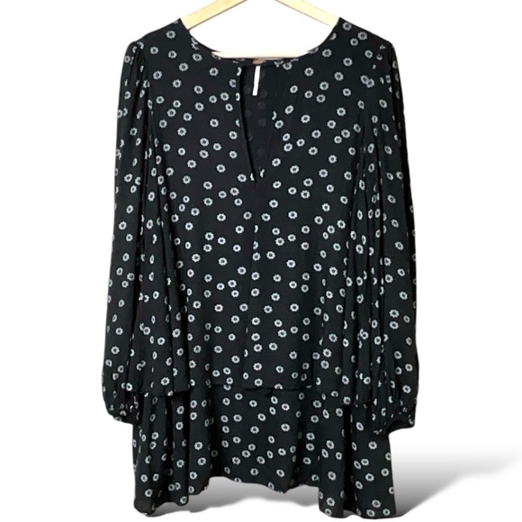 FREE PEOPLE Black Floral Double Layer Mini Dress / Tunic Side Pockets US Sz XS - Picture 3 of 9